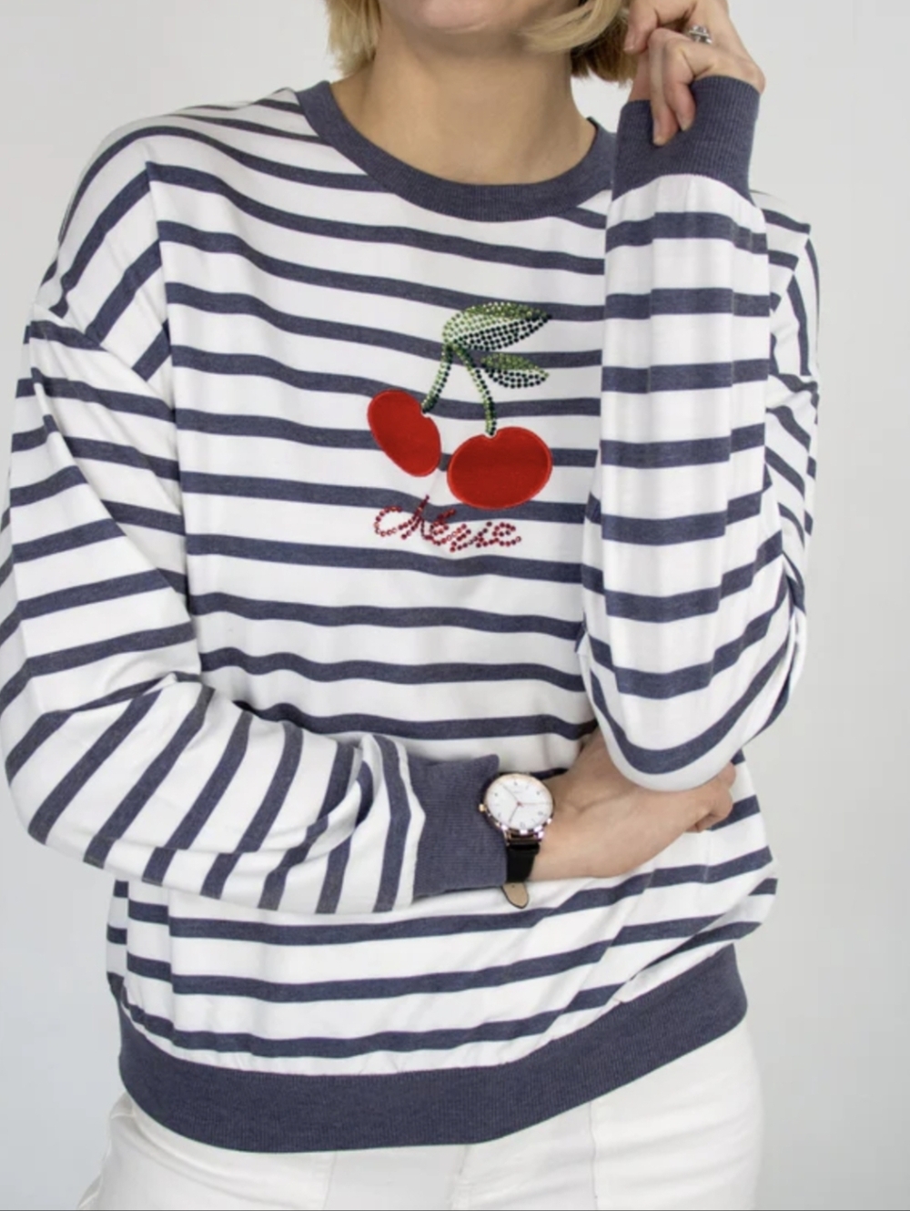 Emily Daniels Cherry White & Navy Striped Crewneck Size S NWT